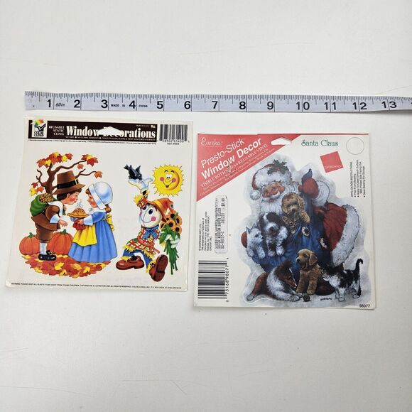 Vtg Christmas Santa Puppy Fall Thanksgiving Autumn Clings Window USA Lot Of 2 - Picture 3 of 7